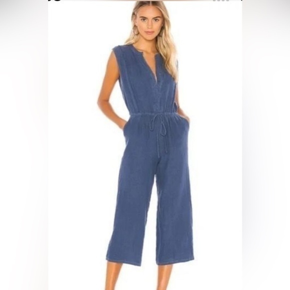Krisa Wide Leg Cropped Linen Jumpsuit in Blush Blue,                  Size Med